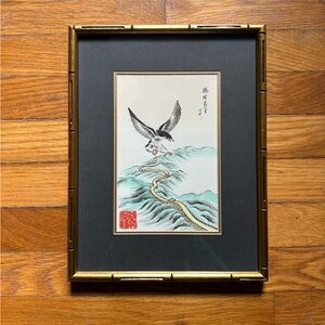 Japanese Woodblock Print of a swallow above waves artist